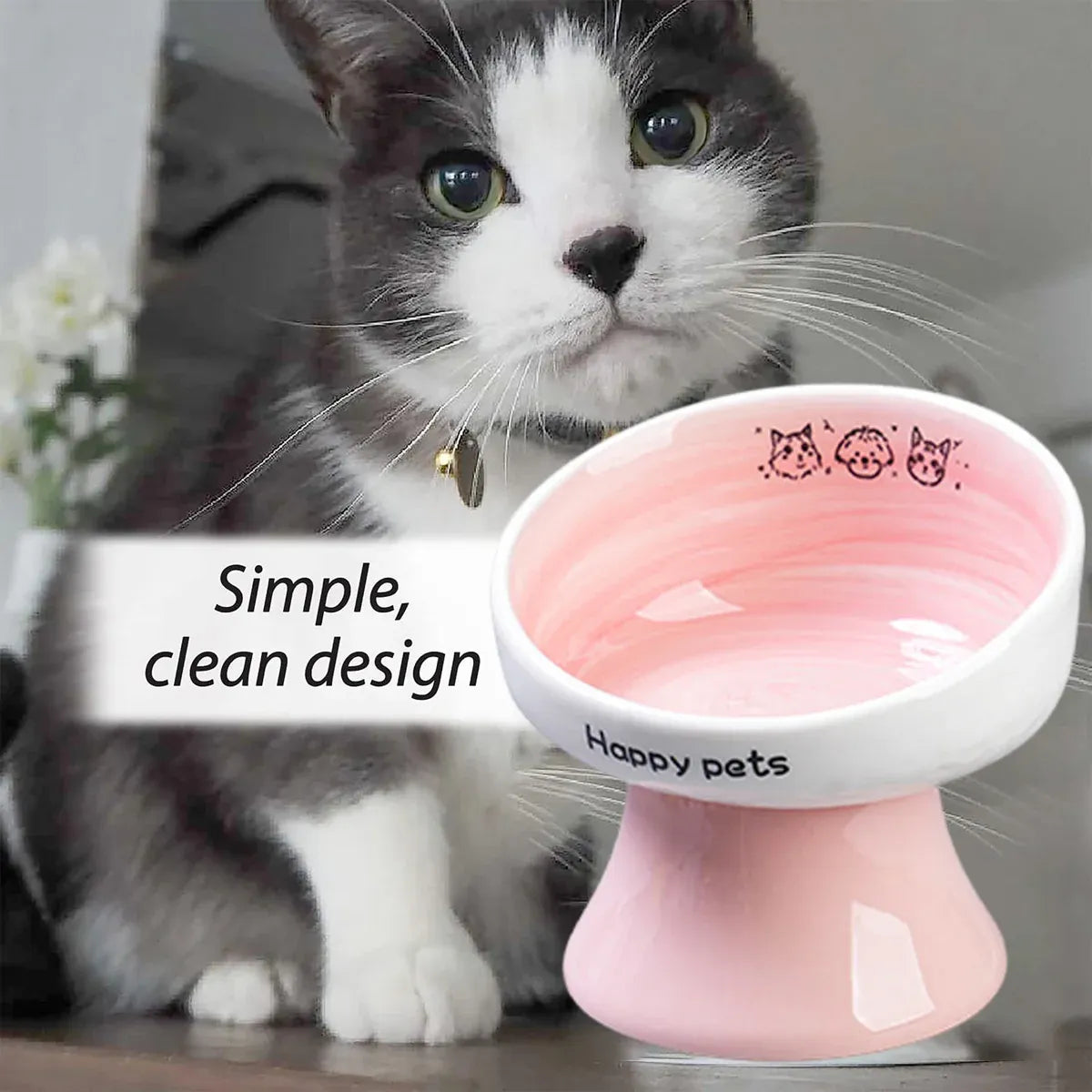 Tall Raised Ceramic Pet Bowl for Cats and Small Dogs in Blue or Pink - Pink