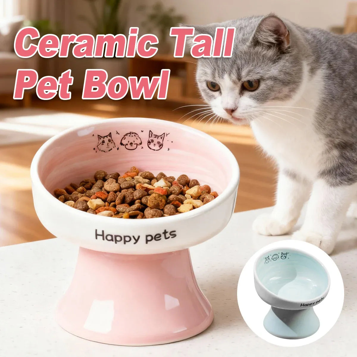 Tall Raised Ceramic Pet Bowl for Cats and Small Dogs in Blue or Pink - Pink