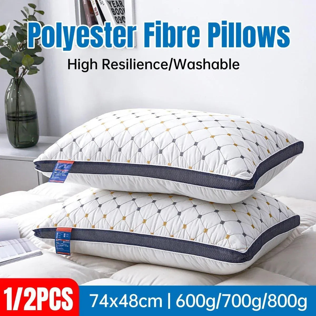 1/2pcs High Rebound Feather Velvet Pillow Washable Soft Bed Cushion Core Support - 700g-2pcs