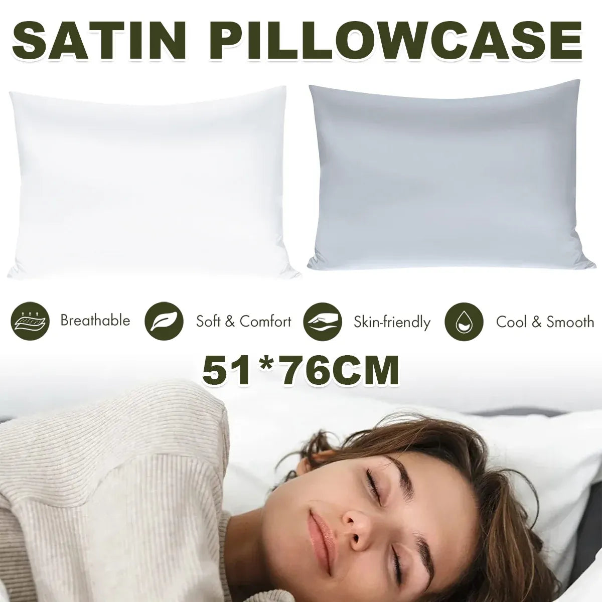 Silk Envelope Pillowcase Soft Satin Protective Cover for Bed Sleep Comfort - White