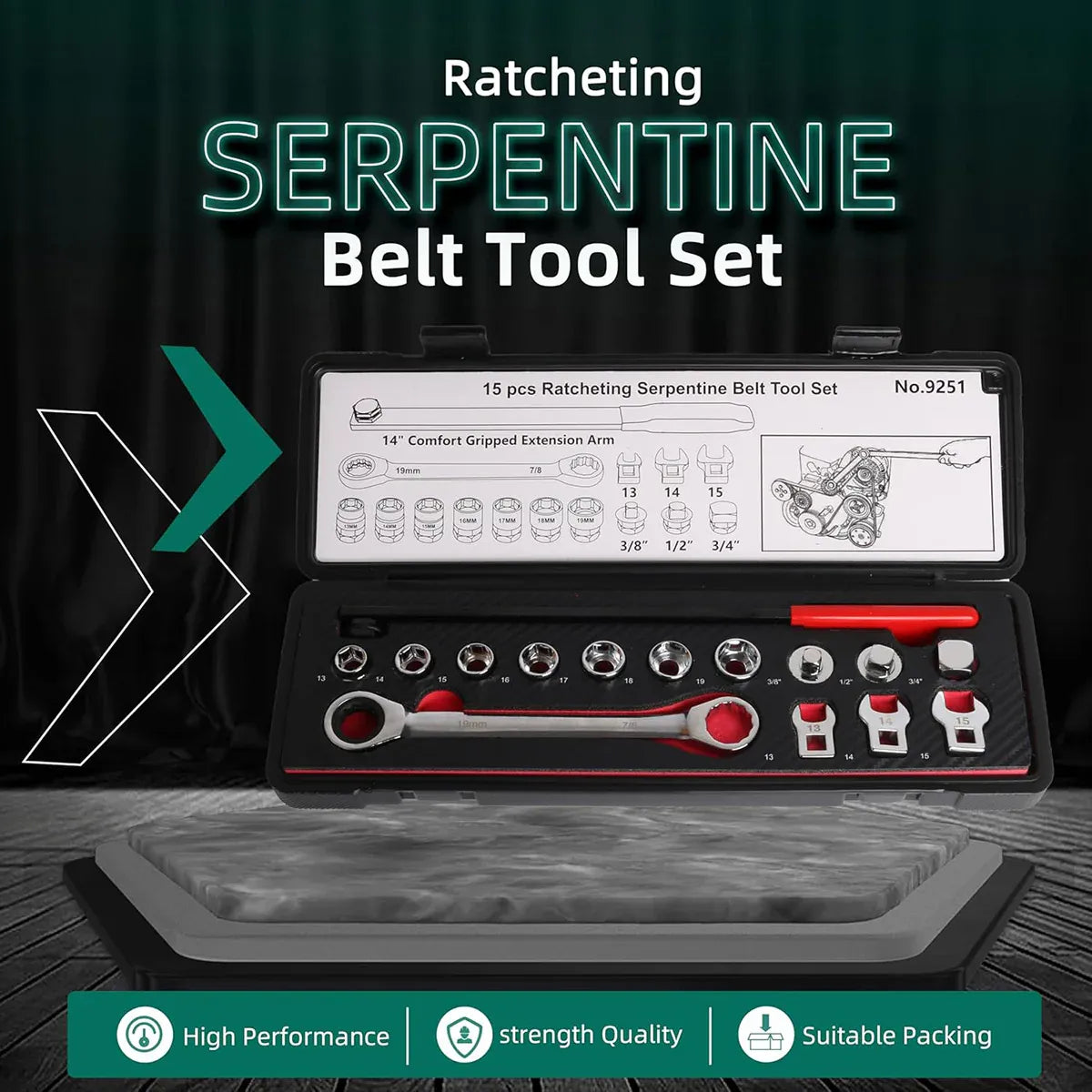 15PCS Ratcheting Serpentine Belt Tool Set CR-V Steel for Car Truck Engine Repair