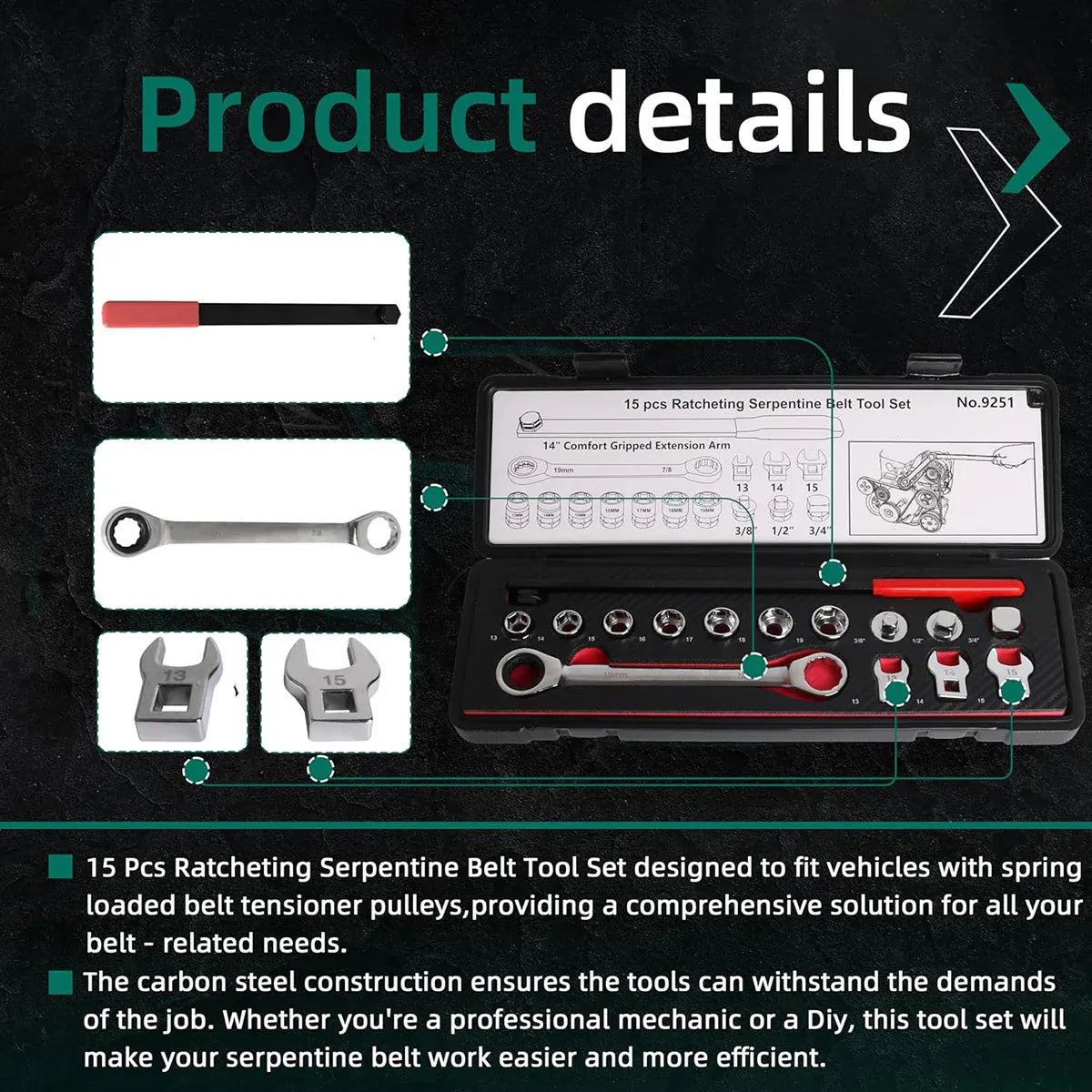 15PCS Ratcheting Serpentine Belt Tool Set CR-V Steel for Car Truck Engine Repair
