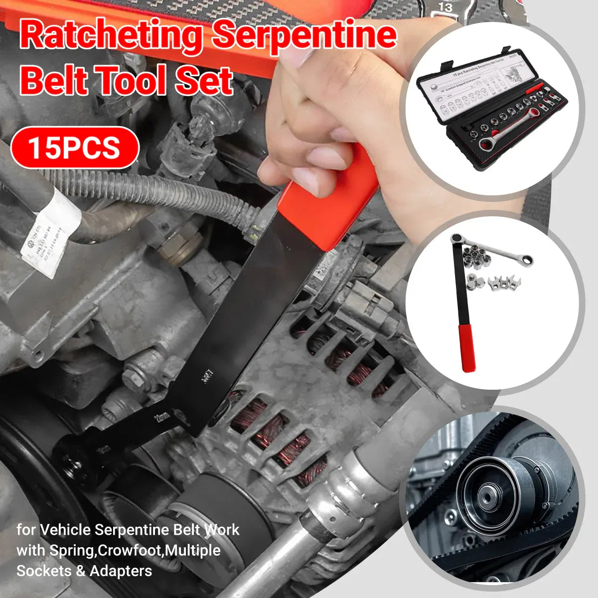 15PCS Ratcheting Serpentine Belt Tool Set CR-V Steel for Car Truck Engine Repair