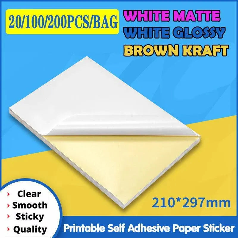 A4 Self Adhesive Sticker Paper Sheet Label Laser Inkjet Print Mailing Address - White Glossy*100 PCS