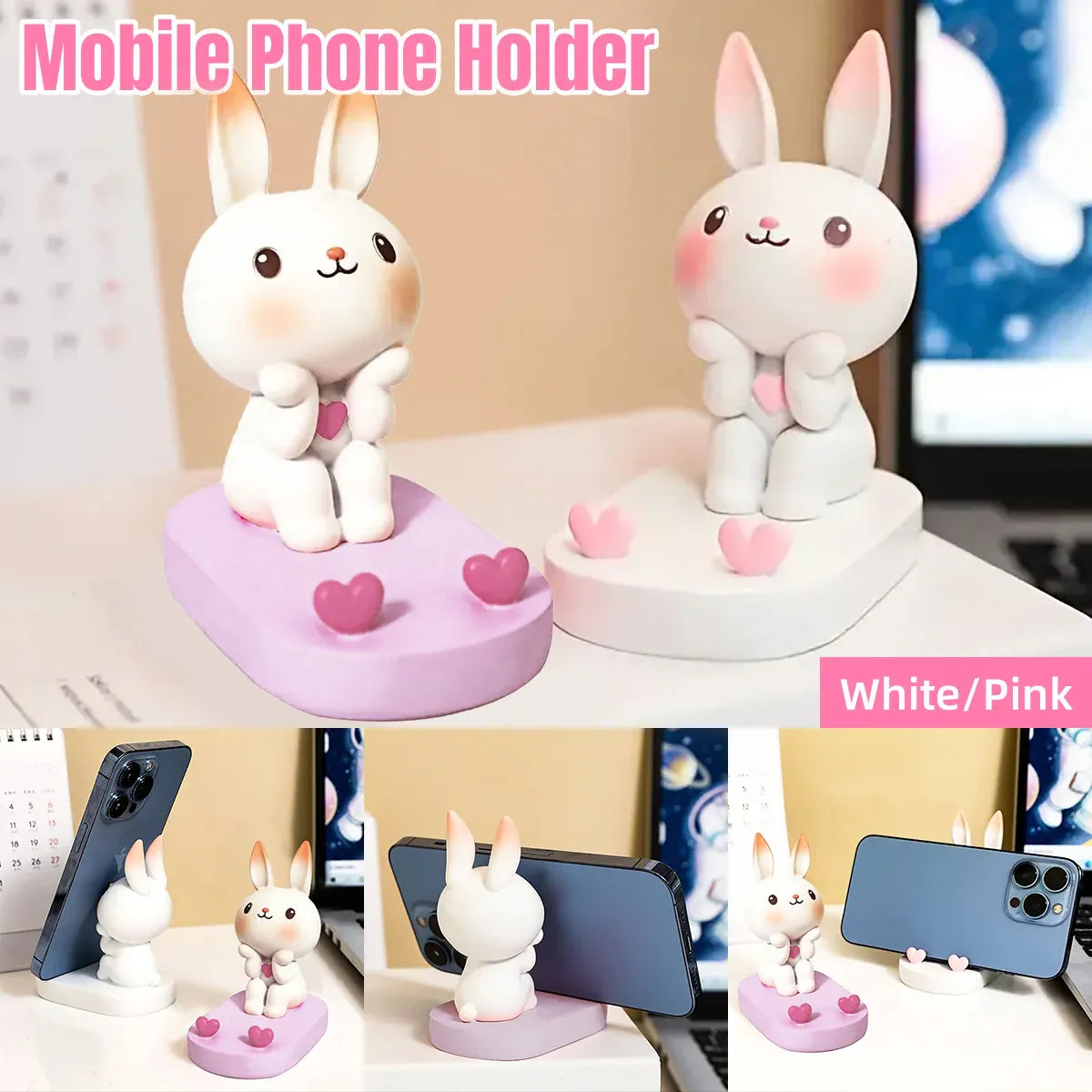 Cartoon Rabbit Phone Holder Desktop Stand Cute Mobile Phone Stand for Office - Pink