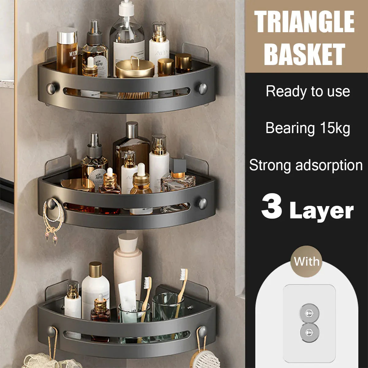 Three-layer Bathroom Triangular Shelf Basic Model Hole-free Storage Towel Rack - Black