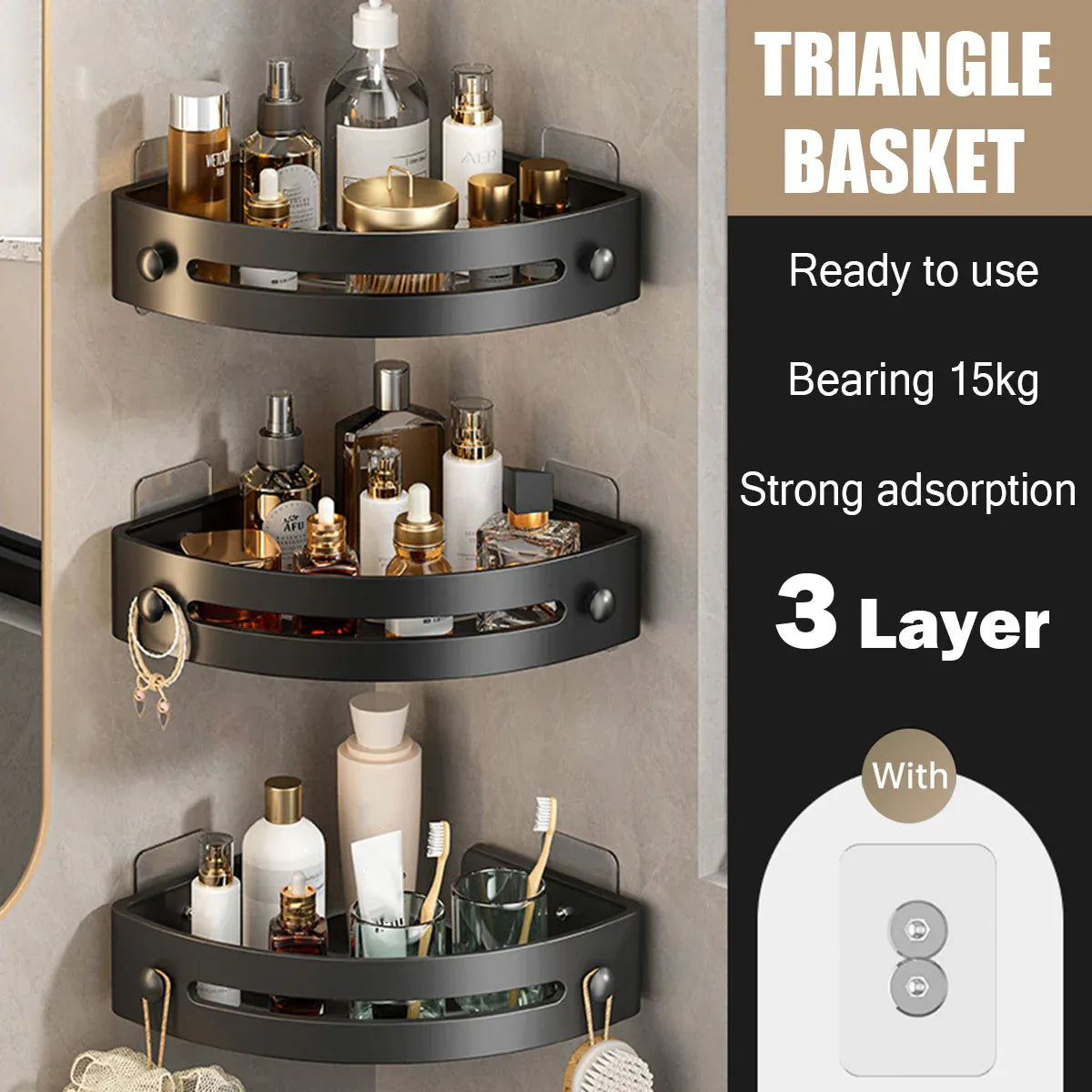 Three-layer Bathroom Triangular Shelf Basic Model Hole-free Storage Towel Rack - Black