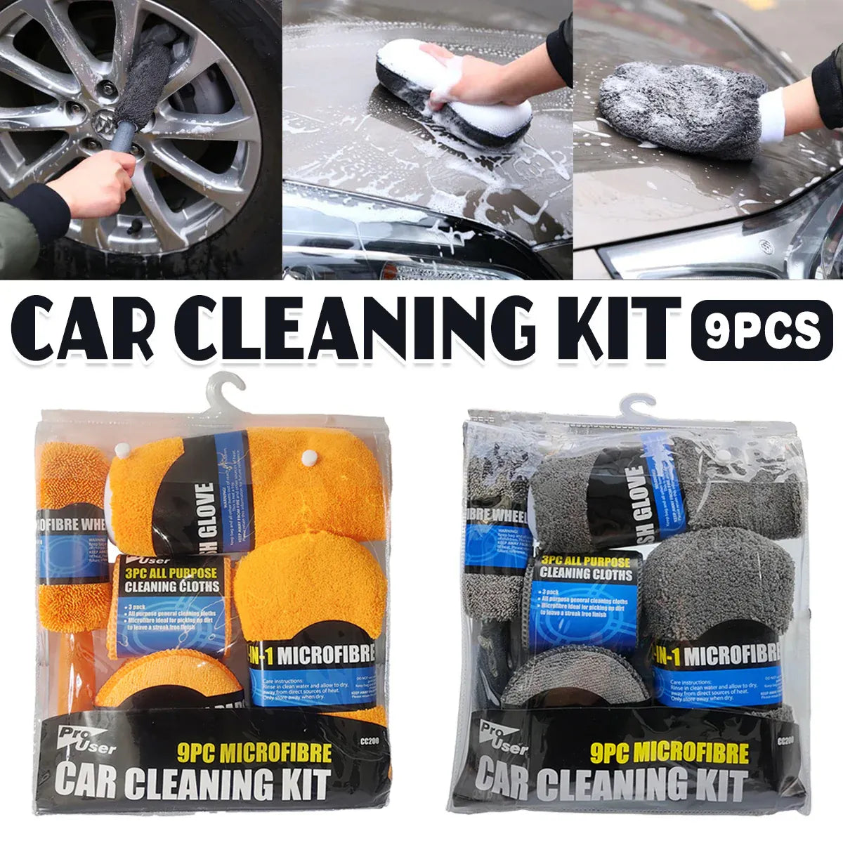 9PCS Car Cleaning Kit Microfiber Towel Wax Sponge Wheel Brush Gloves Set Use - Grey