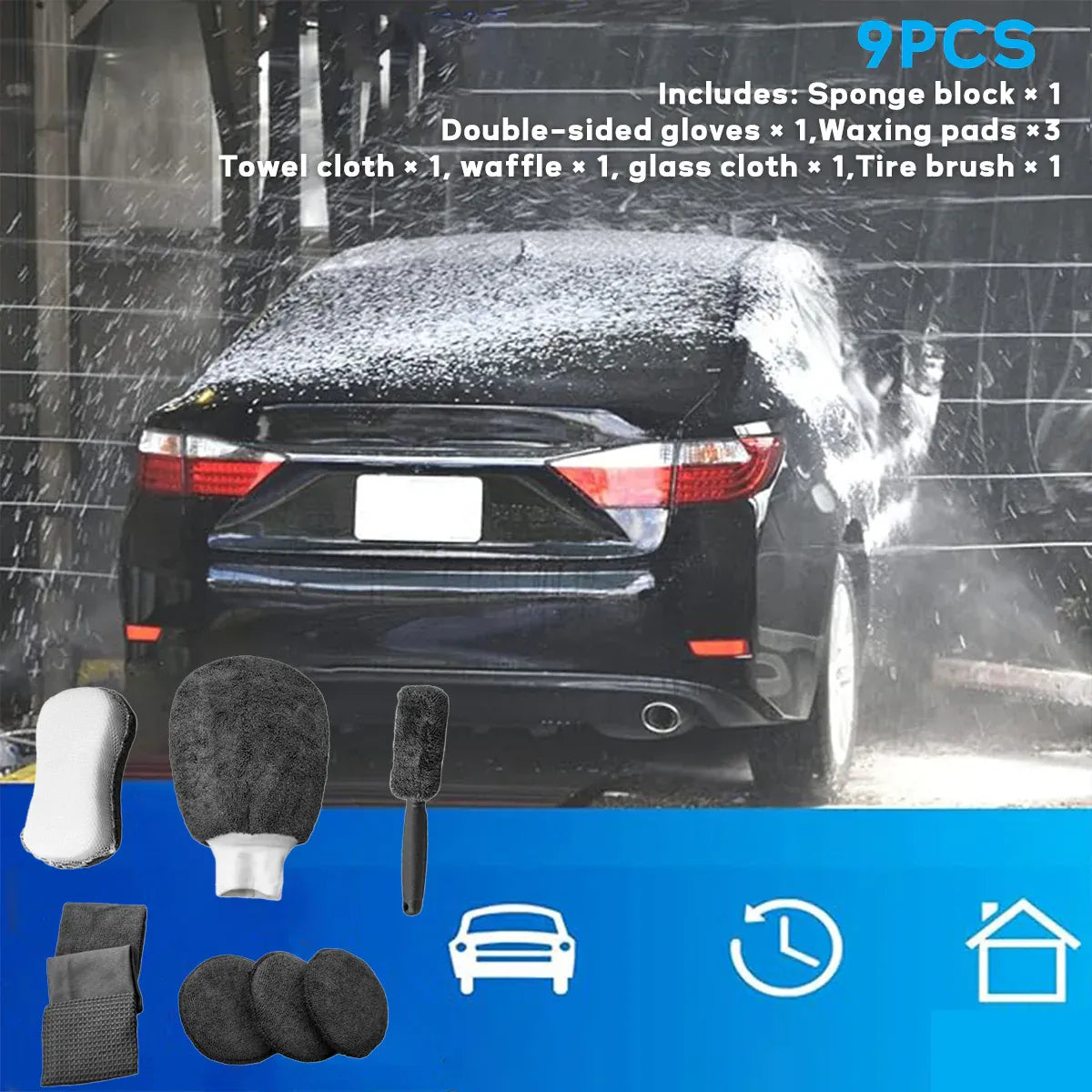 9PCS Car Cleaning Kit Microfiber Towel Wax Sponge Wheel Brush Gloves Set Use - Orange