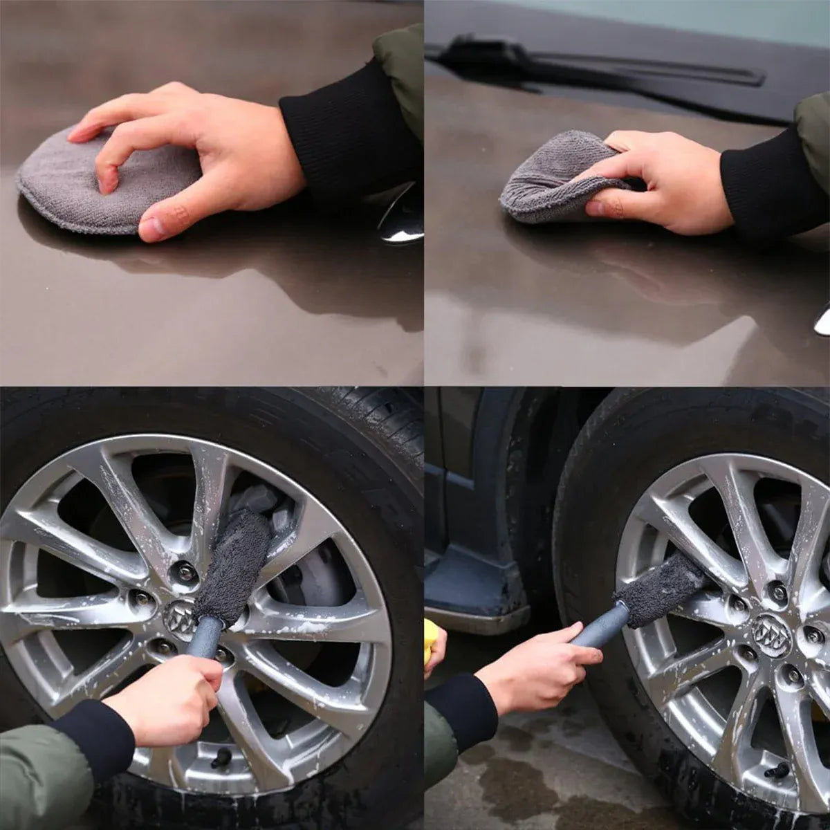 9PCS Car Cleaning Kit Microfiber Towel Wax Sponge Wheel Brush Gloves Set Use - Orange