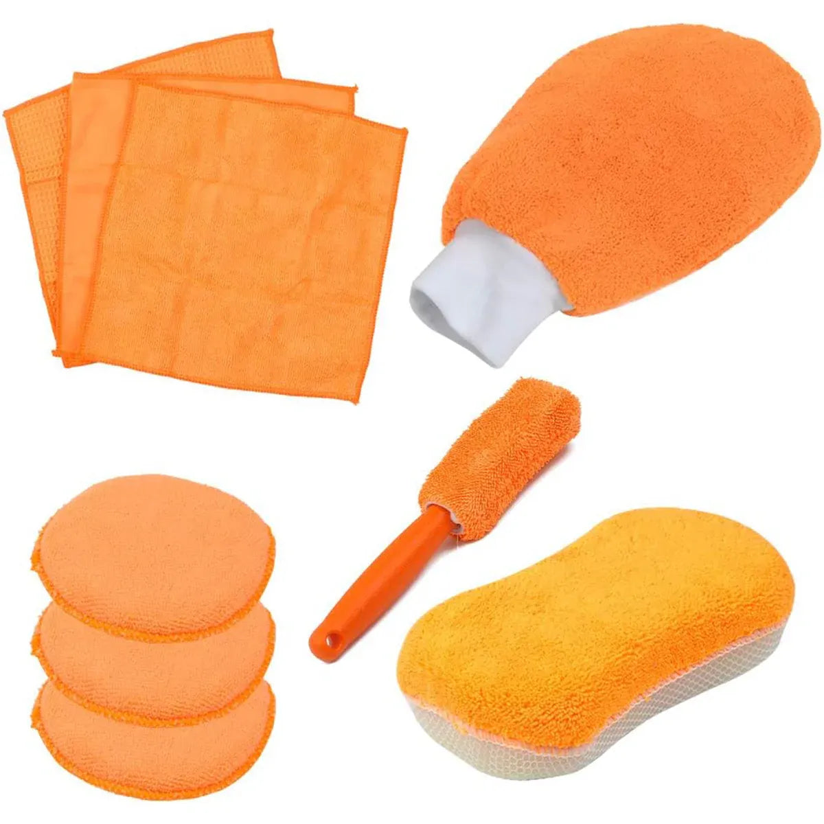 9PCS Car Cleaning Kit Microfiber Towel Wax Sponge Wheel Brush Gloves Set Use - Orange