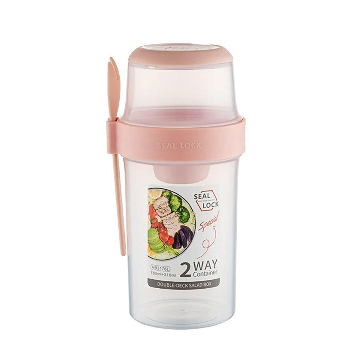 Double Plastic Salad Cup with Fork Sealed Breakfast Container for On-the-Go Meal - 760ml-Green
