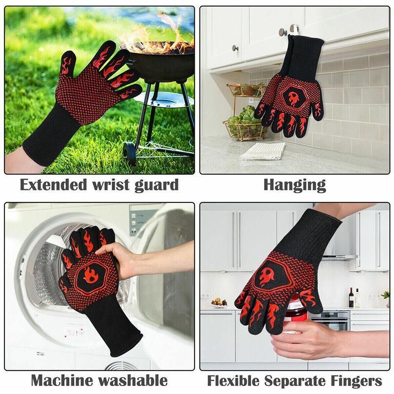 BBQ Gloves 800°C Heat Oven Grill Non-Slip Fireproof Resistant Silicone Kitchen - Black