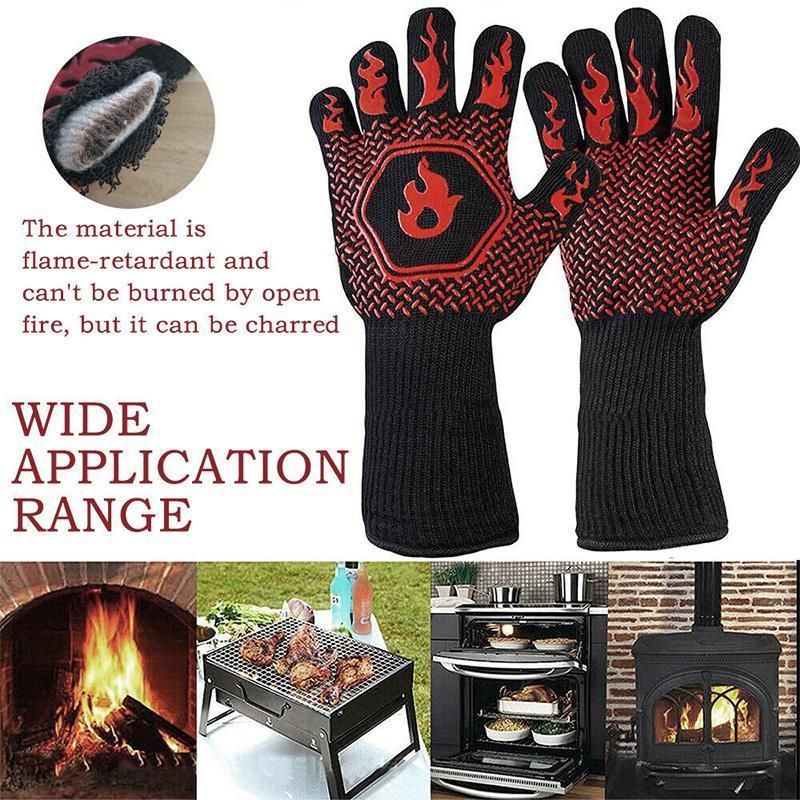 BBQ Gloves 800°C Heat Oven Grill Non-Slip Fireproof Resistant Silicone Kitchen - Black