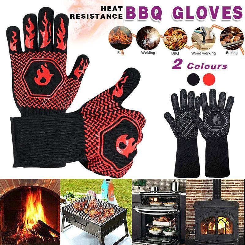 BBQ Gloves 800°C Heat Oven Grill Non-Slip Fireproof Resistant Silicone Kitchen - Red