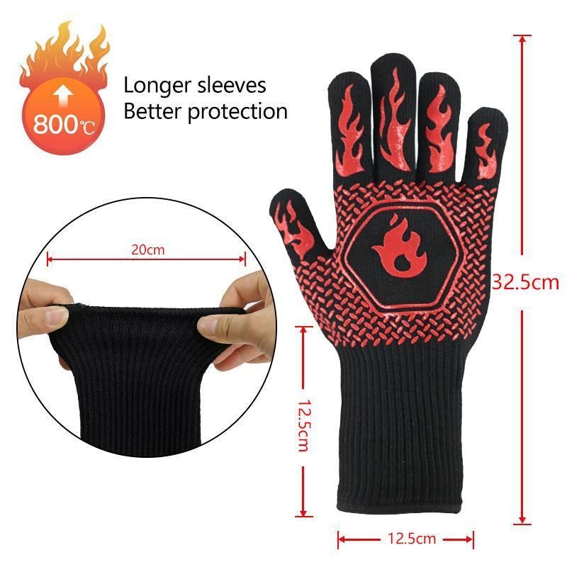 BBQ Gloves 800°C Heat Oven Grill Non-Slip Fireproof Resistant Silicone Kitchen - Red