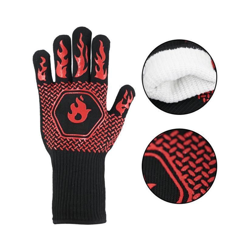 BBQ Gloves 800°C Heat Oven Grill Non-Slip Fireproof Resistant Silicone Kitchen - Red