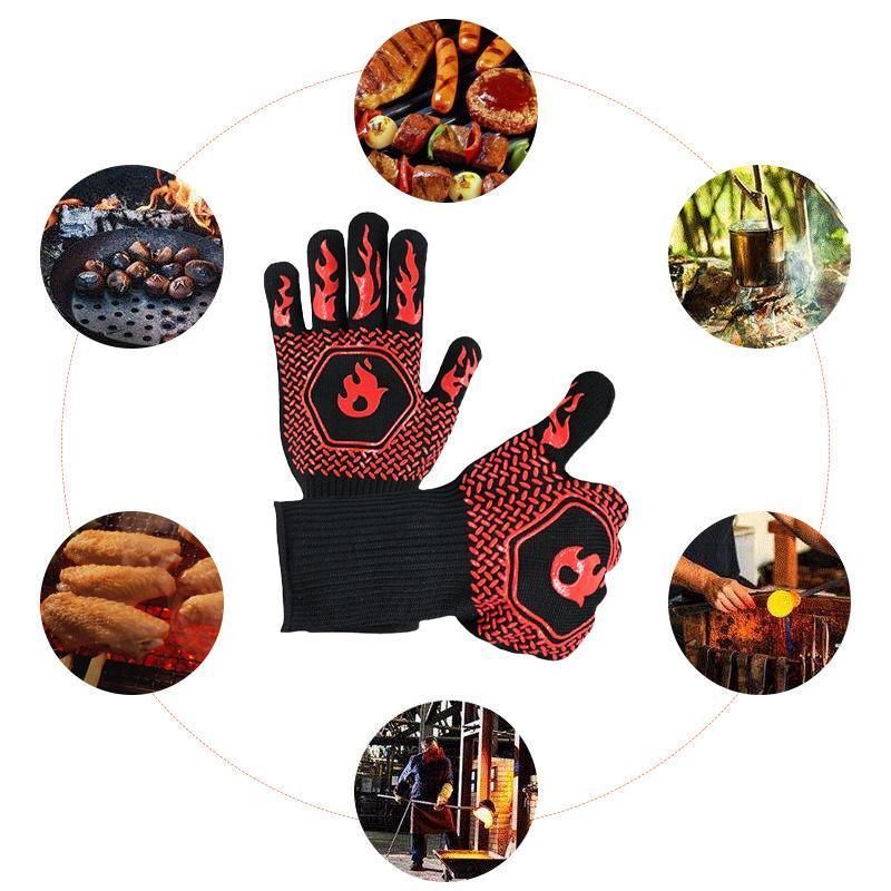 BBQ Gloves 800°C Heat Oven Grill Non-Slip Fireproof Resistant Silicone Kitchen - Red