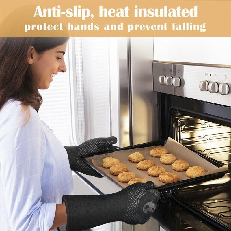 BBQ Gloves 800°C Heat Oven Grill Non-Slip Fireproof Resistant Silicone Kitchen - Red