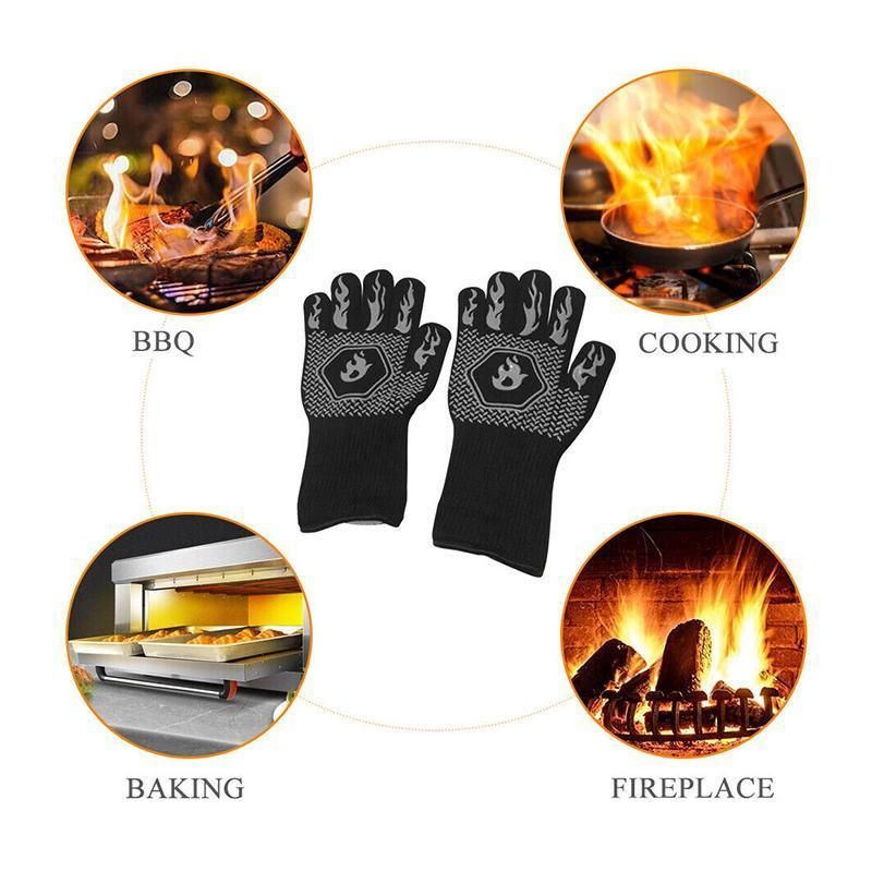 BBQ Gloves 800°C Heat Oven Grill Non-Slip Fireproof Resistant Silicone Kitchen - Red