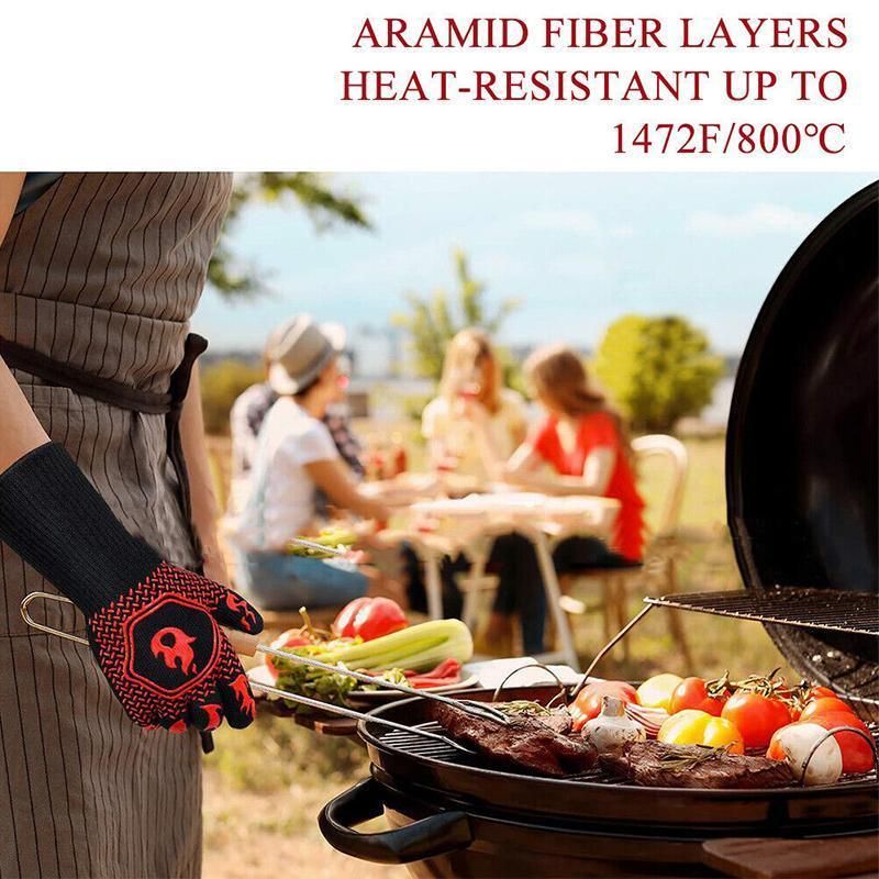 BBQ Gloves 800°C Heat Oven Grill Non-Slip Fireproof Resistant Silicone Kitchen - Red