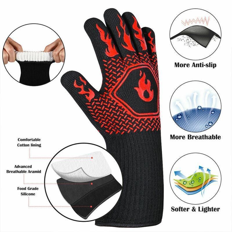 BBQ Gloves 800°C Heat Oven Grill Non-Slip Fireproof Resistant Silicone Kitchen - Red