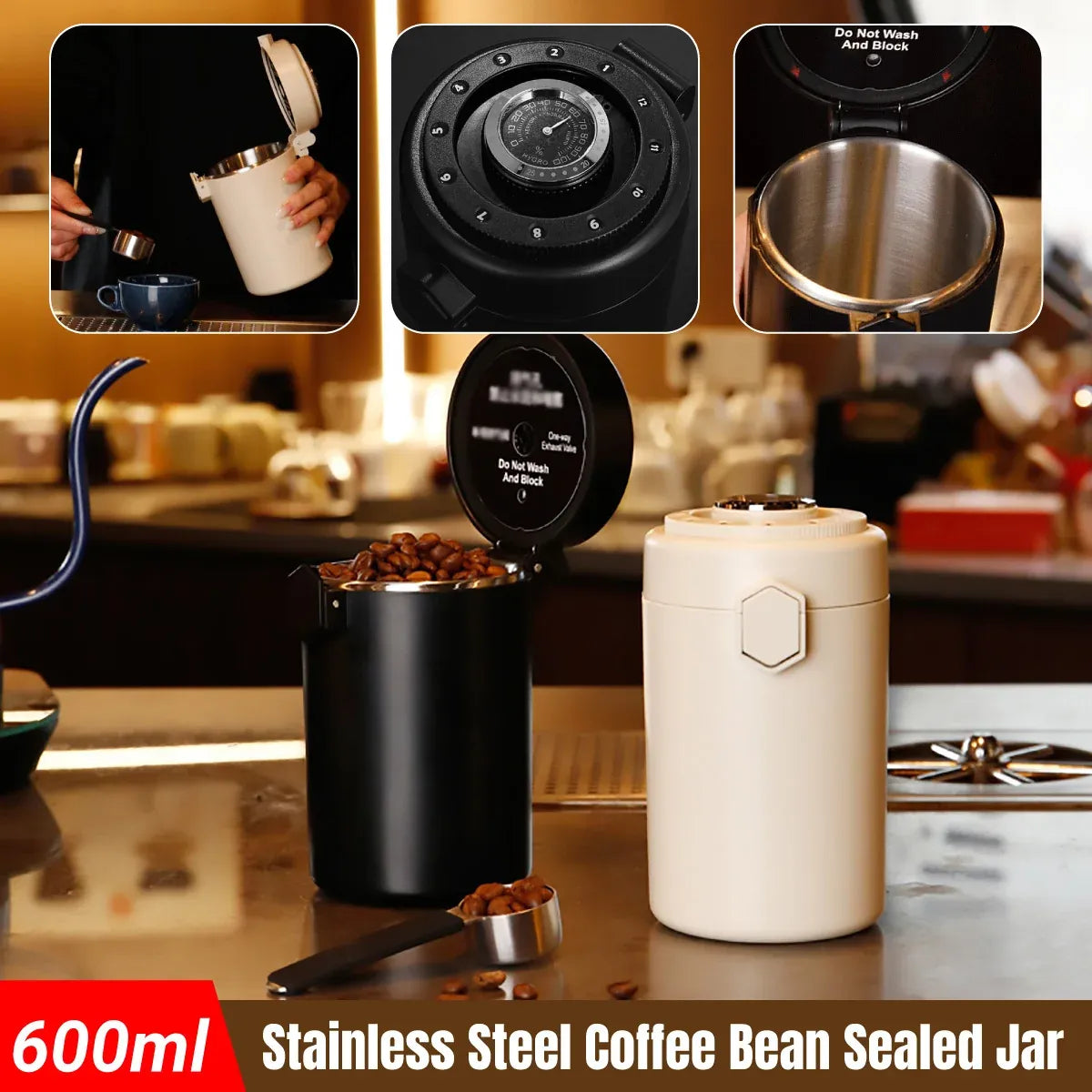 304 Stainless Steel Coffee Bean Sealed Jar 600ml Food Grade Leakproof Durable - Black