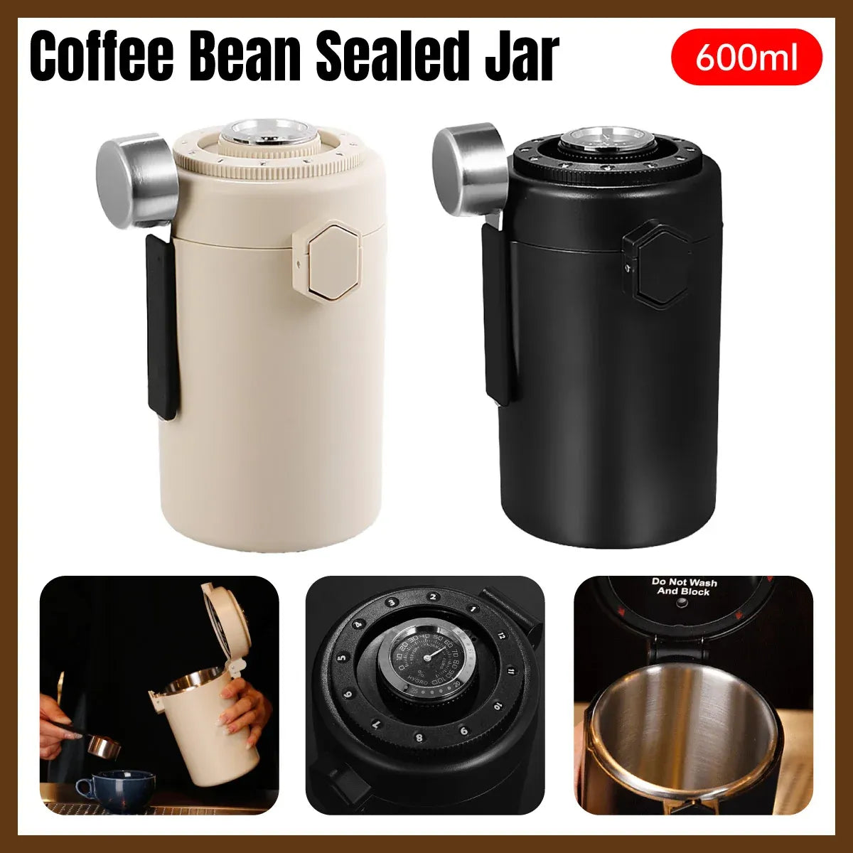 304 Stainless Steel Coffee Bean Sealed Jar 600ml Food Grade Leakproof Durable - Black