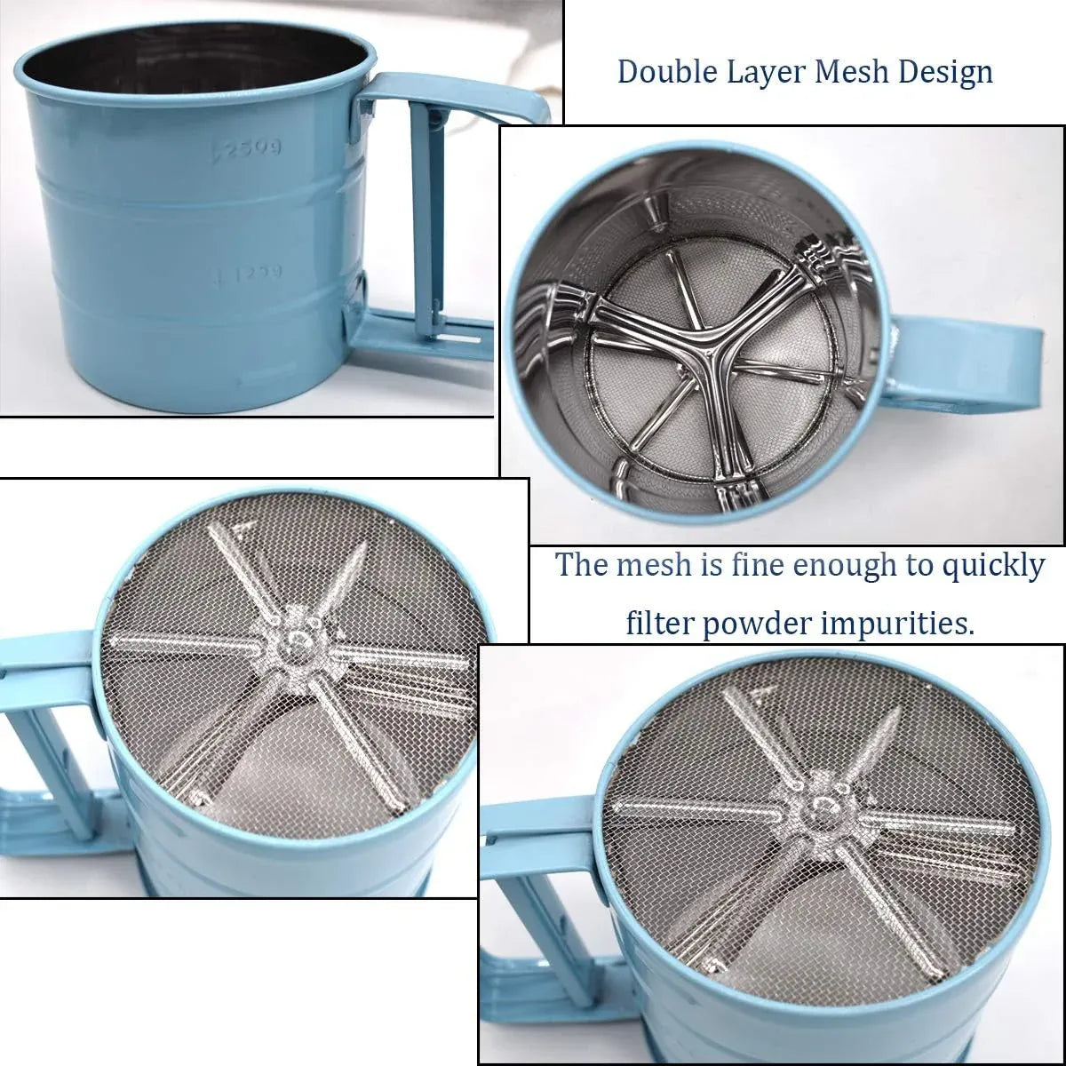 Hand Squeeze Mechanical Flour Sifter Stainless Steel One Hand Baking Sieve - Blue
