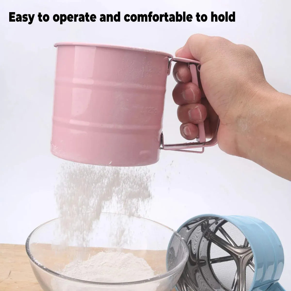 Hand Squeeze Mechanical Flour Sifter Stainless Steel One Hand Baking Sieve - Blue