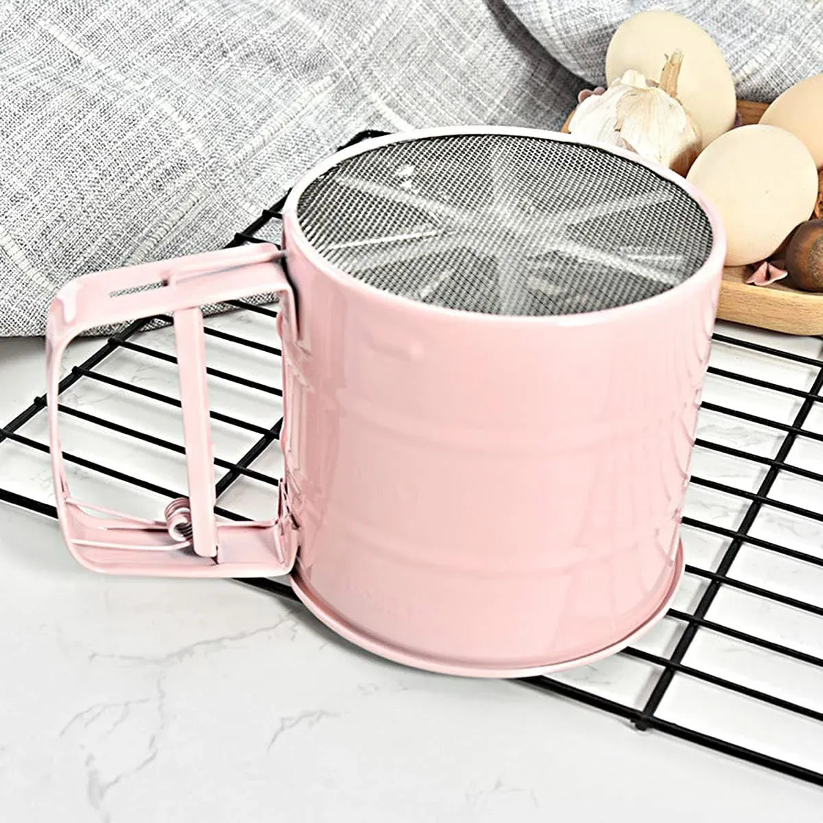Hand Squeeze Mechanical Flour Sifter Stainless Steel One Hand Baking Sieve - Blue