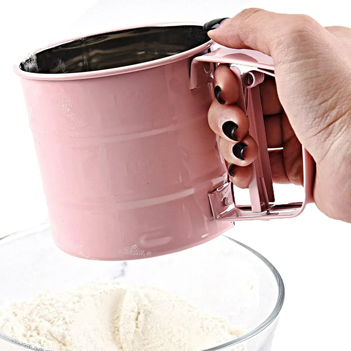 Hand Squeeze Mechanical Flour Sifter Stainless Steel One Hand Baking Sieve - Blue