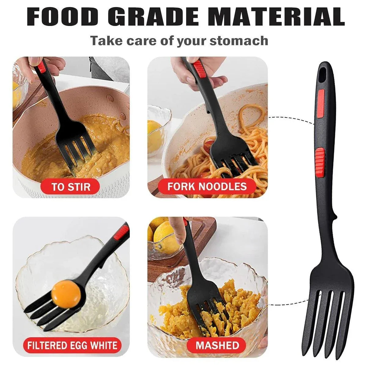 2PCS Silicone Heat Resistant Flexible Cooking Forks Dishwasher Safe Kitchen - Red-Black