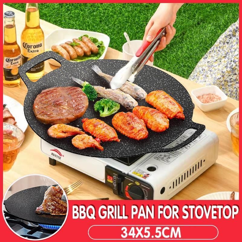 Korean BBQ Grill Pan 34cm Non Stick Marble Coating Plate for Gas Stove Outdoor Use