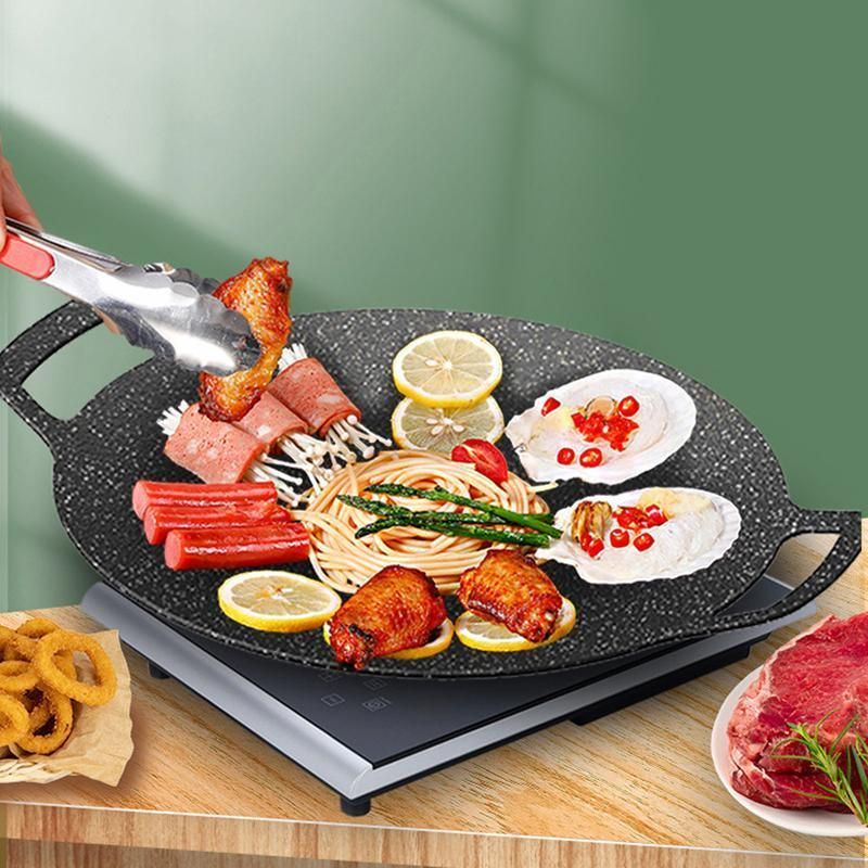 Korean BBQ Grill Pan 34cm Non Stick Marble Coating Plate for Gas Stove Outdoor Use