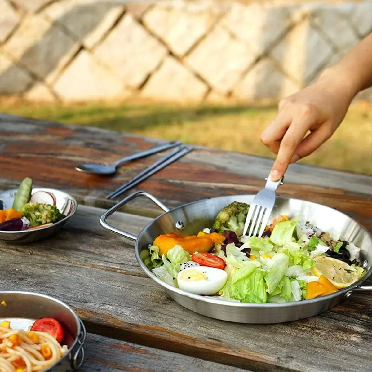 Nonstick Frying Pan Stainless Steel Fry Skillet Safe Camping Binaural Saucepan
