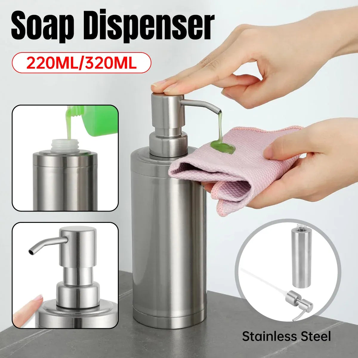 220/320ml Stainless Steel Press Type Oil Sprayer Soap Dispenser Durable - 220ml