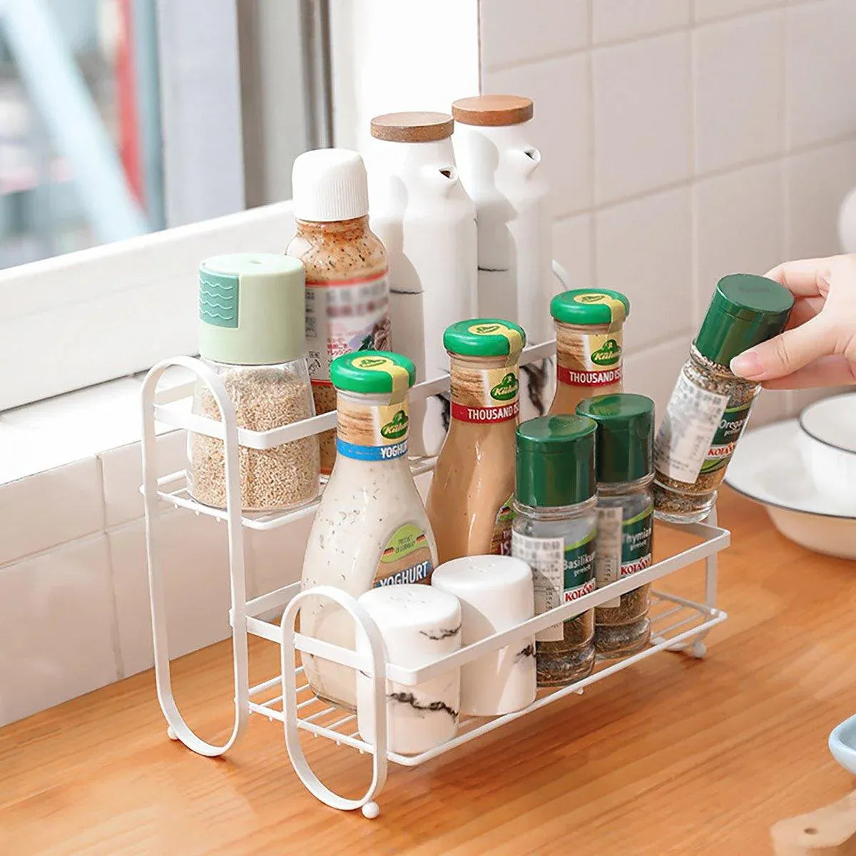 Iron Double Storage Shelf Organiser Durable Metal Rack for Kitchen Bathroom Use - Green
