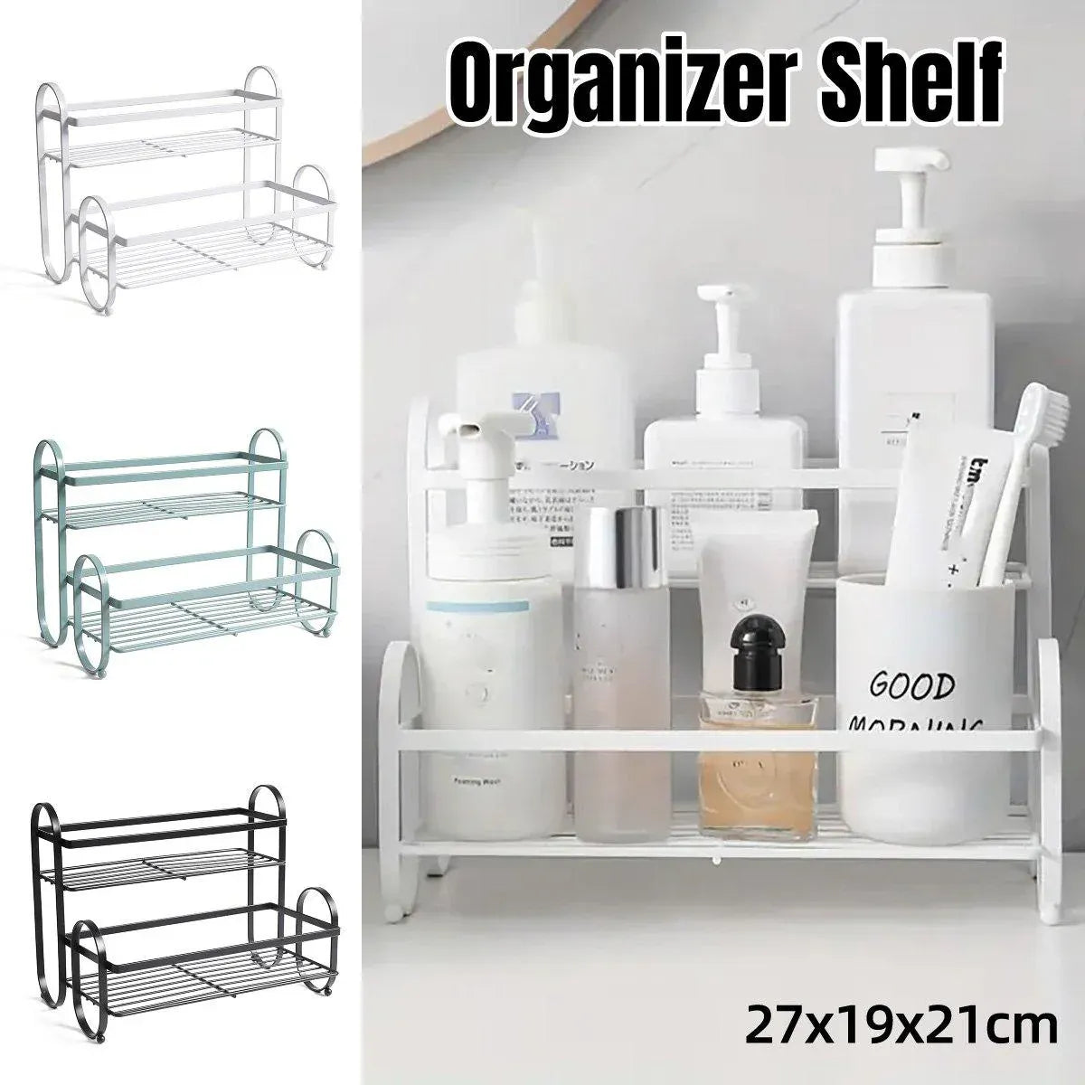 Iron Double Storage Shelf Organiser Durable Metal Rack for Kitchen Bathroom Use - White