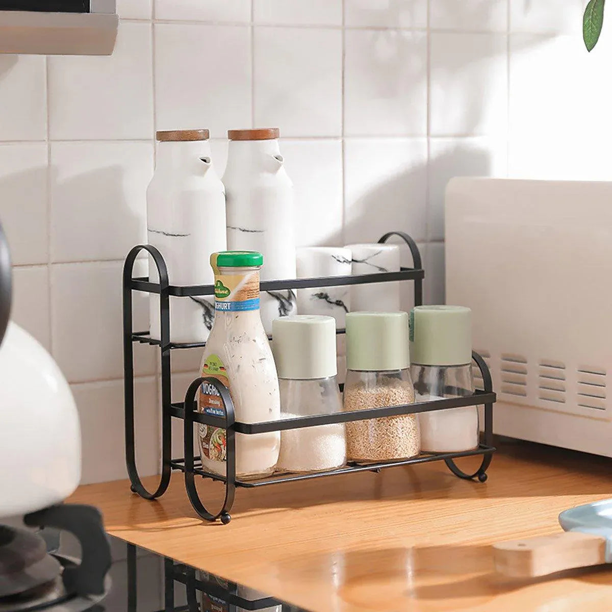 Iron Double Storage Shelf Organiser Durable Metal Rack for Kitchen Bathroom Use - White