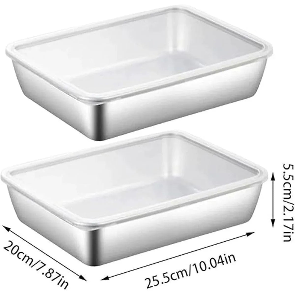 2PCS Stainless Steel Square Food Tray With Lid Rectangular Storage Box Plate