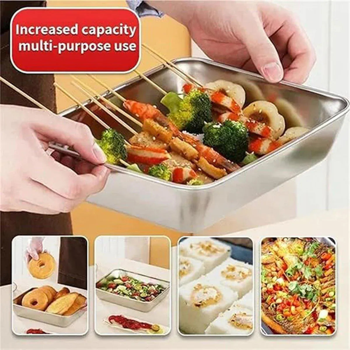 2PCS Stainless Steel Square Food Tray With Lid Rectangular Storage Box Plate