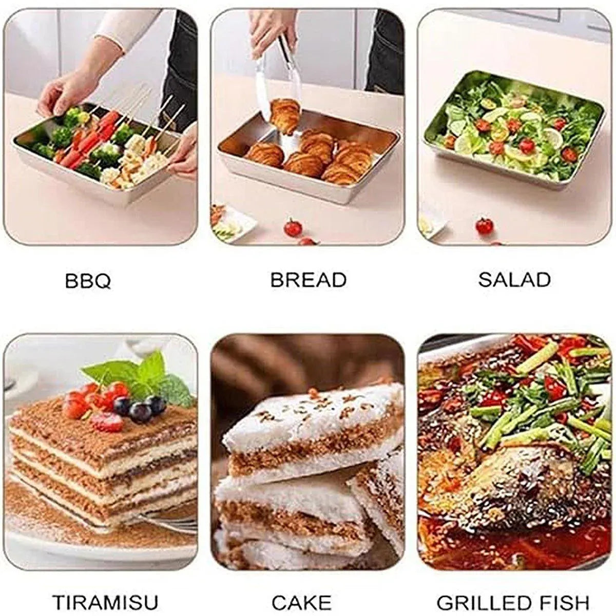 2PCS Stainless Steel Square Food Tray With Lid Rectangular Storage Box Plate