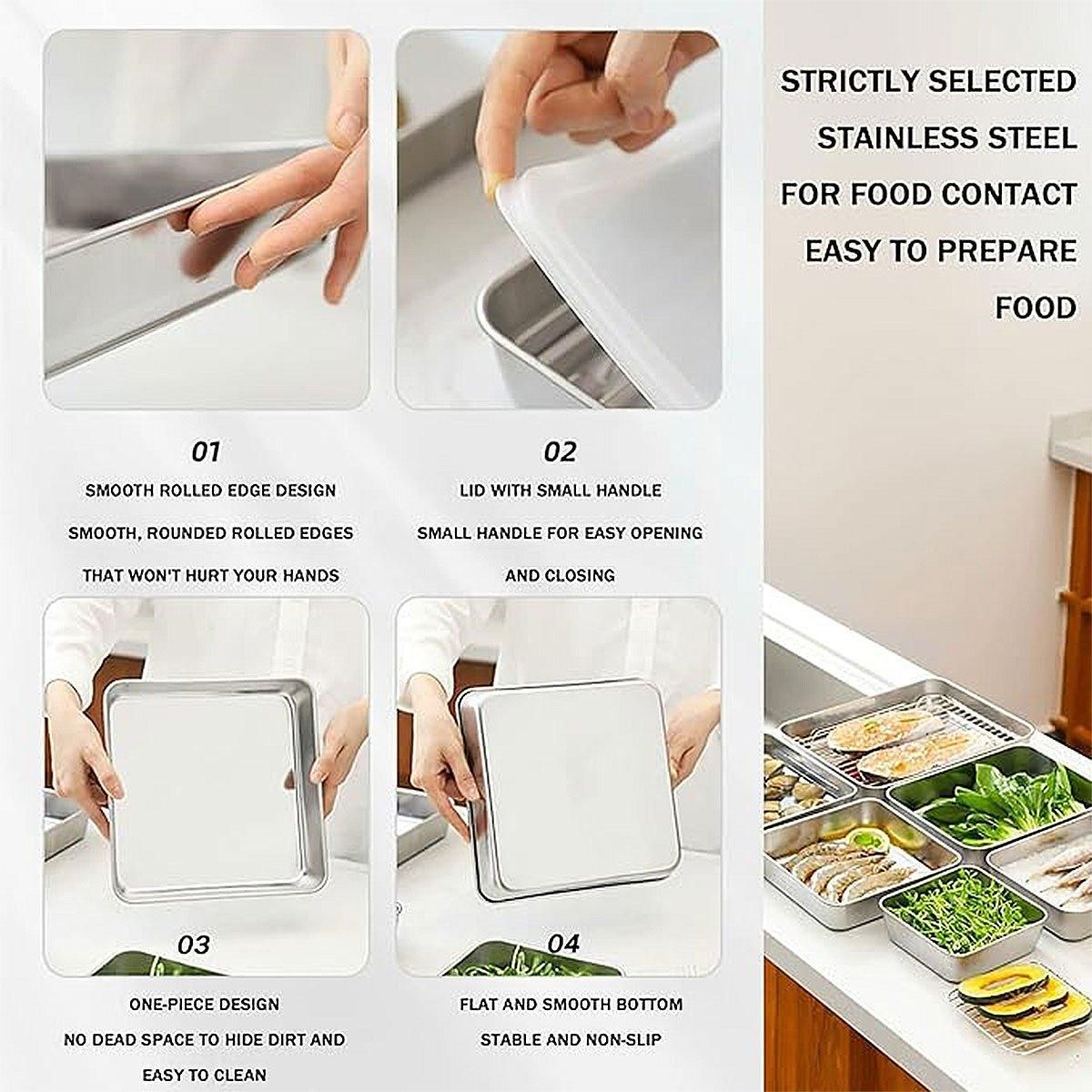 2PCS Stainless Steel Square Food Tray With Lid Rectangular Storage Box Plate