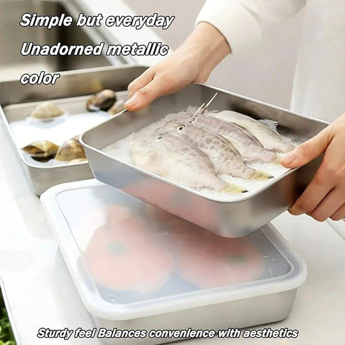 2PCS Stainless Steel Square Food Tray With Lid Rectangular Storage Box Plate