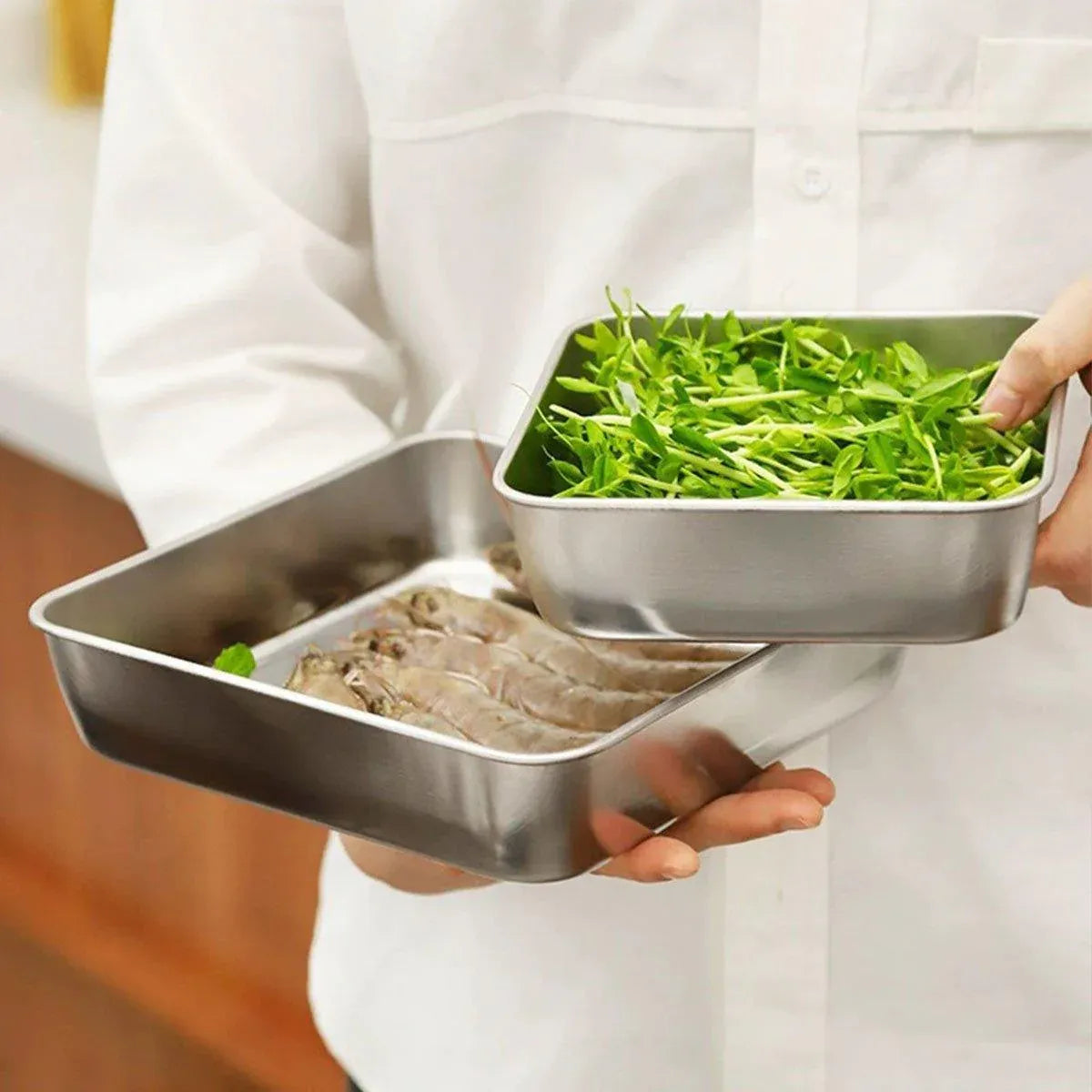 2PCS Stainless Steel Square Food Tray With Lid Rectangular Storage Box Plate