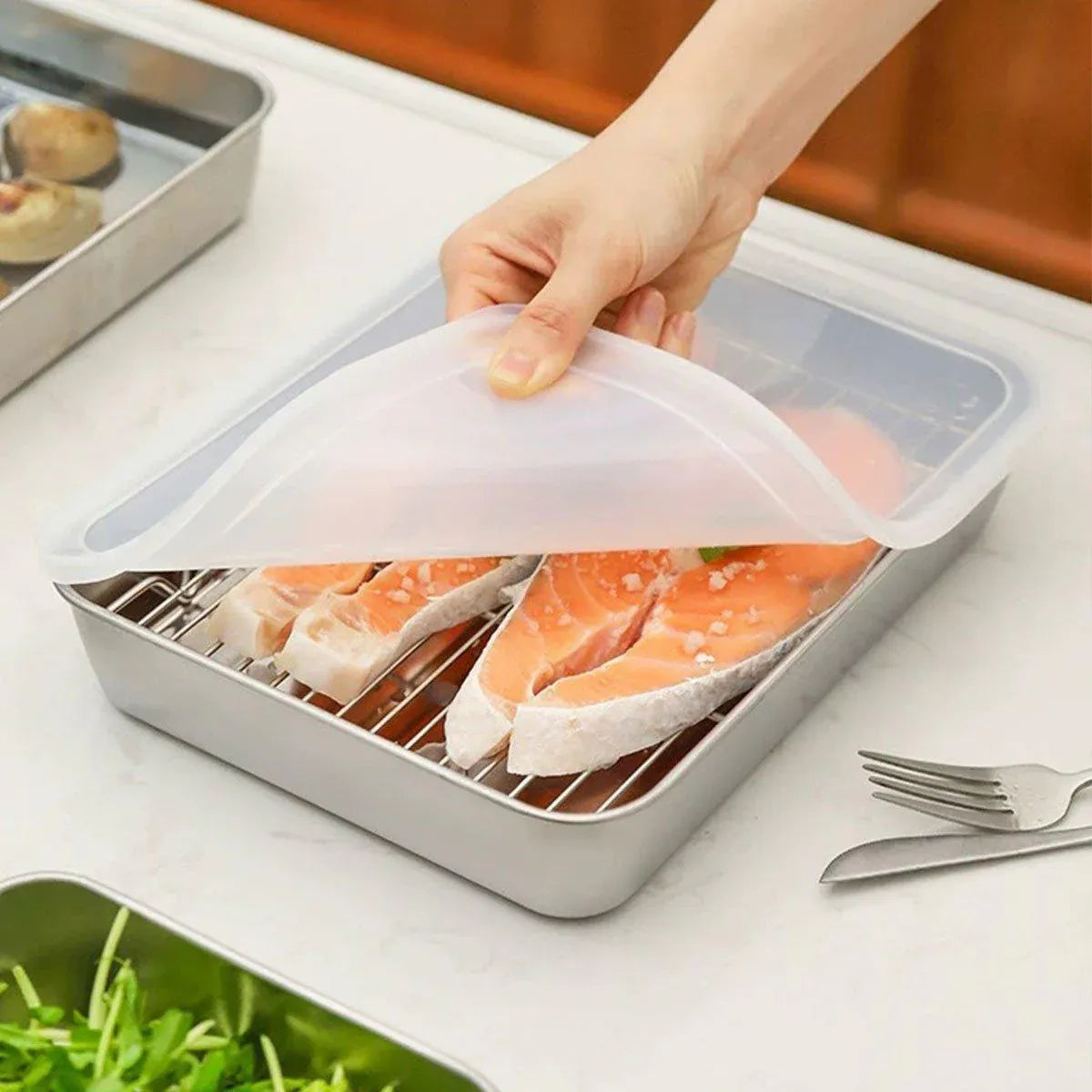 2PCS Stainless Steel Square Food Tray With Lid Rectangular Storage Box Plate