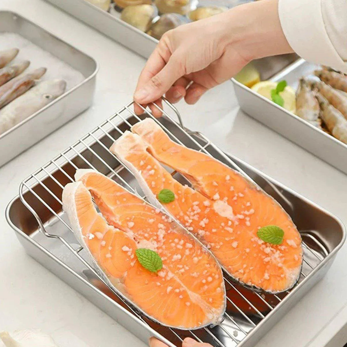 2PCS Stainless Steel Square Food Tray With Lid Rectangular Storage Box Plate