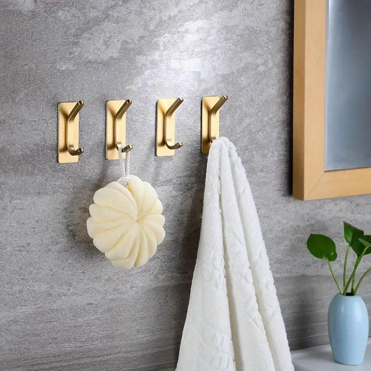 4pcs Stainless Steel Adhesive Hook Towel Hook Bathroom Kitchen Door Coat Hook - Gold