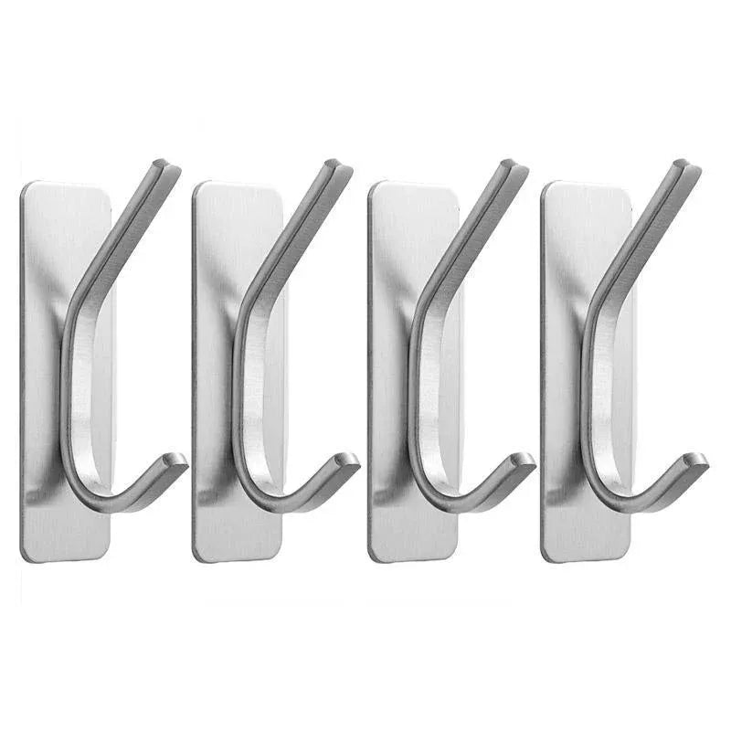 4pcs Stainless Steel Adhesive Hook Towel Hook Bathroom Kitchen Door Coat Hook - Silver